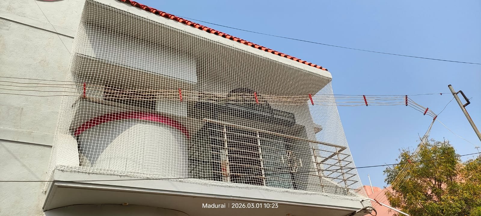 Bird exclusion net installed at a terrace